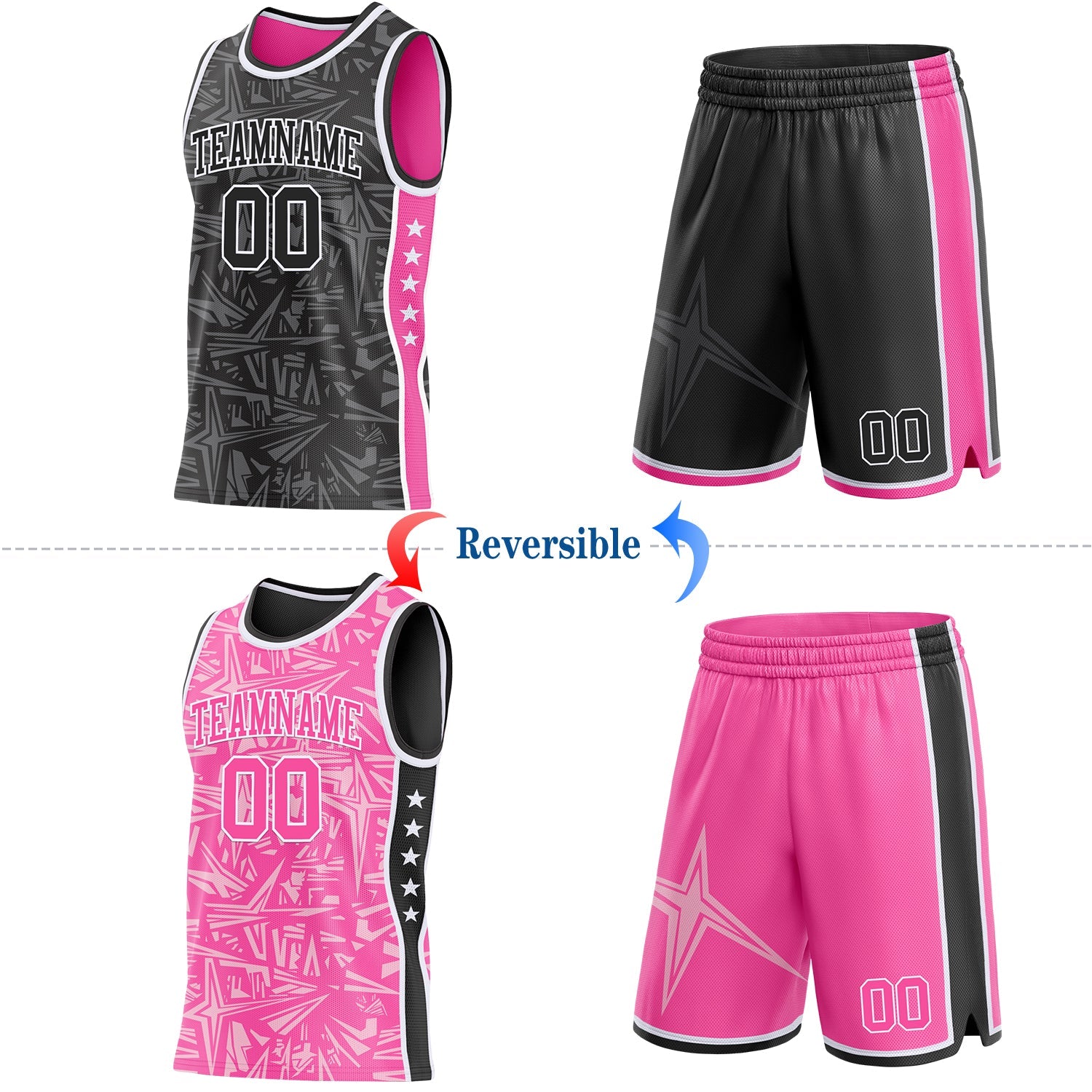Custom Black White-Pink Side Panel Stripe Stars Geometric Shatter Starburst Reversible Double Side Sublimation Basketball Set Jersey view 2