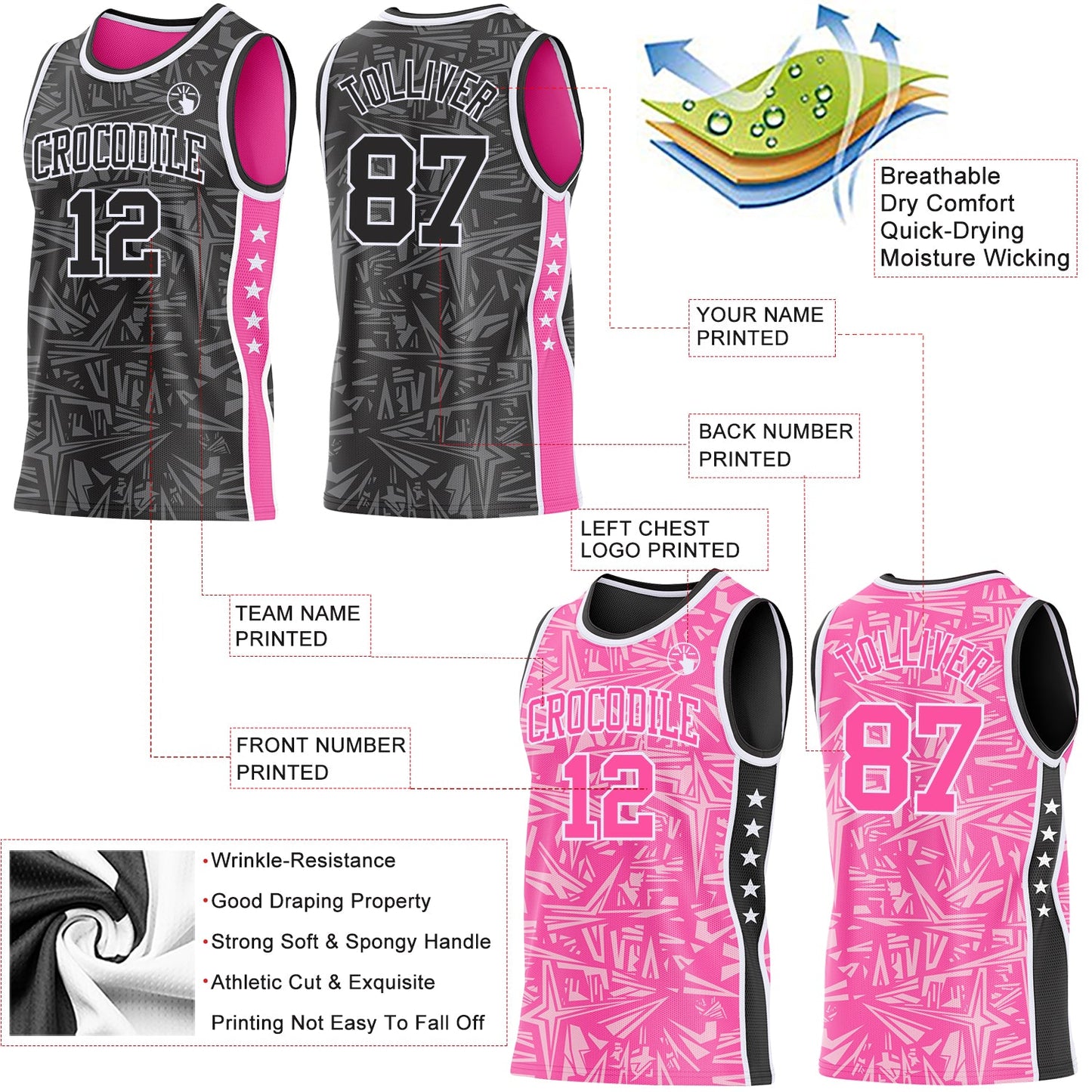Custom Black White-Pink Side Panel Stripe Stars Geometric Shatter Starburst Reversible Double Side Sublimation Basketball Set Jersey view 3