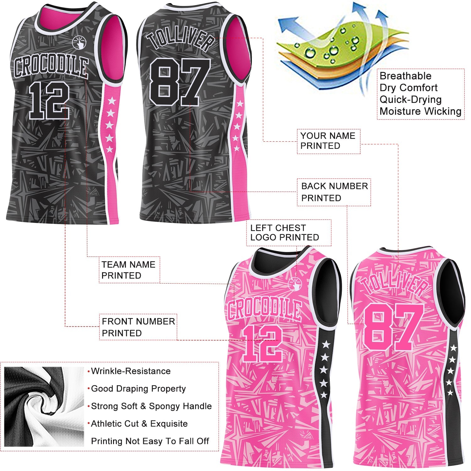 Custom Black White-Pink Side Panel Stripe Stars Geometric Shatter Starburst Reversible Double Side Sublimation Basketball Set Jersey view 3