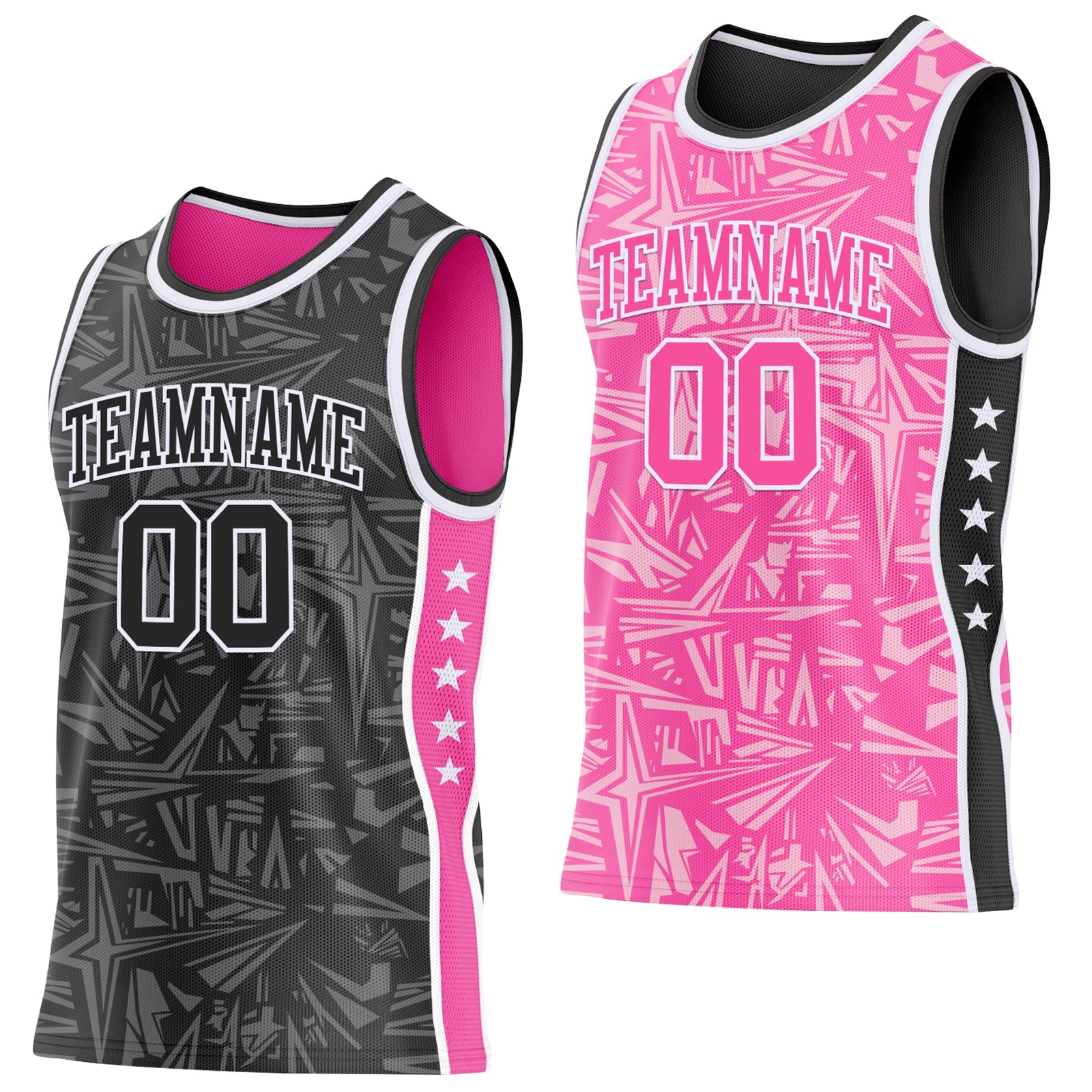 Custom Black White-Pink Side Panel Stripe Stars Geometric Shatter Starburst Reversible Double Side Sublimation Basketball Set Jersey - Main View