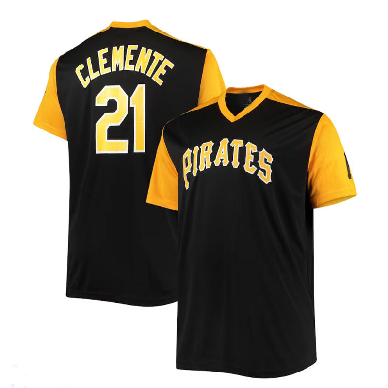 Pittsburgh Pirates #21 Roberto Clemente Cooperstown Collection Player Replica Jersey - Black Gold Baseball Jerseys - Main View