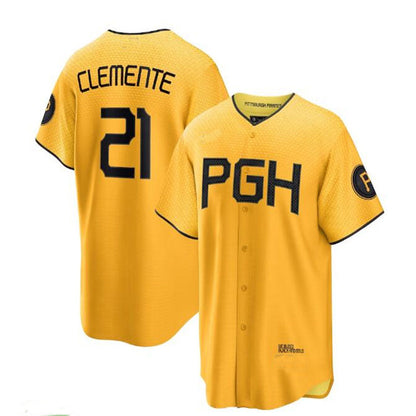 Pittsburgh Pirates #21 Roberto Clemente 2023 City Connect Replica Player Jersey - Gold Baseball Jerseys - Main View