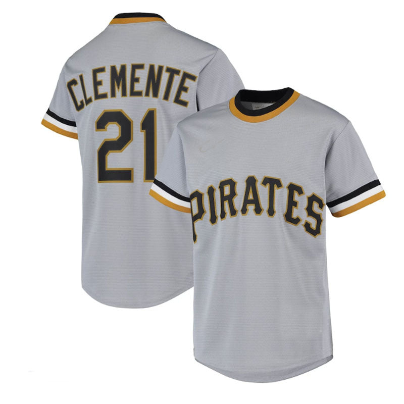 Pittsburgh Pirates #21 Roberto Clemente Road Cooperstown Collection Player Jersey - Gray Baseball Jerseys - Main View