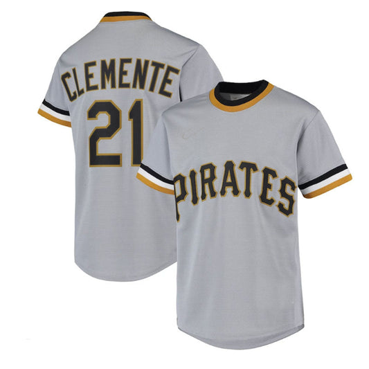 Pittsburgh Pirates #21 Roberto Clemente Road Cooperstown Collection Player Jersey - Gray Baseball Jerseys - Main View