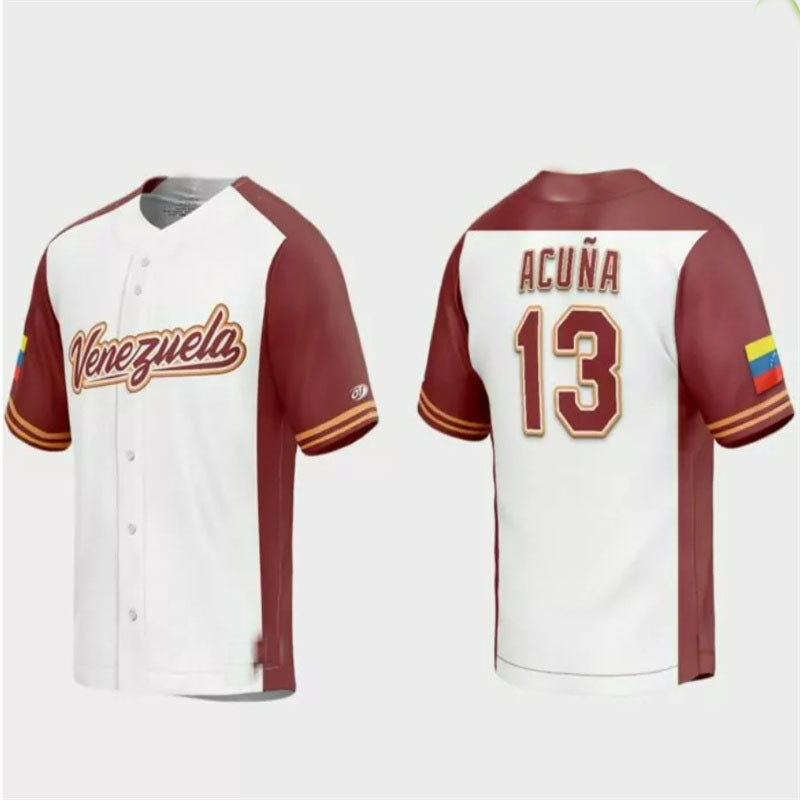 #13 Ronald Acuna Jr. Venezuela Baseball 2023 World Baseball Classic Replica Jersey - White Burgundy Stitches Baseball Jerseys