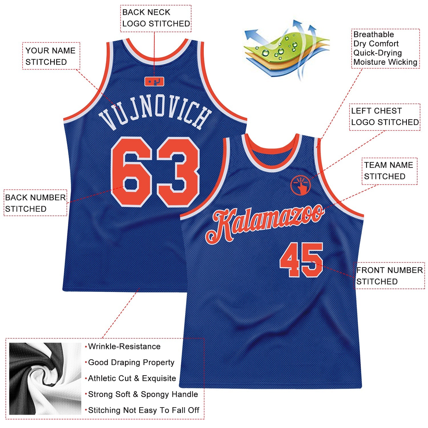 Custom Royal Orange-White Authentic Throwback Basketball Jersey view 2