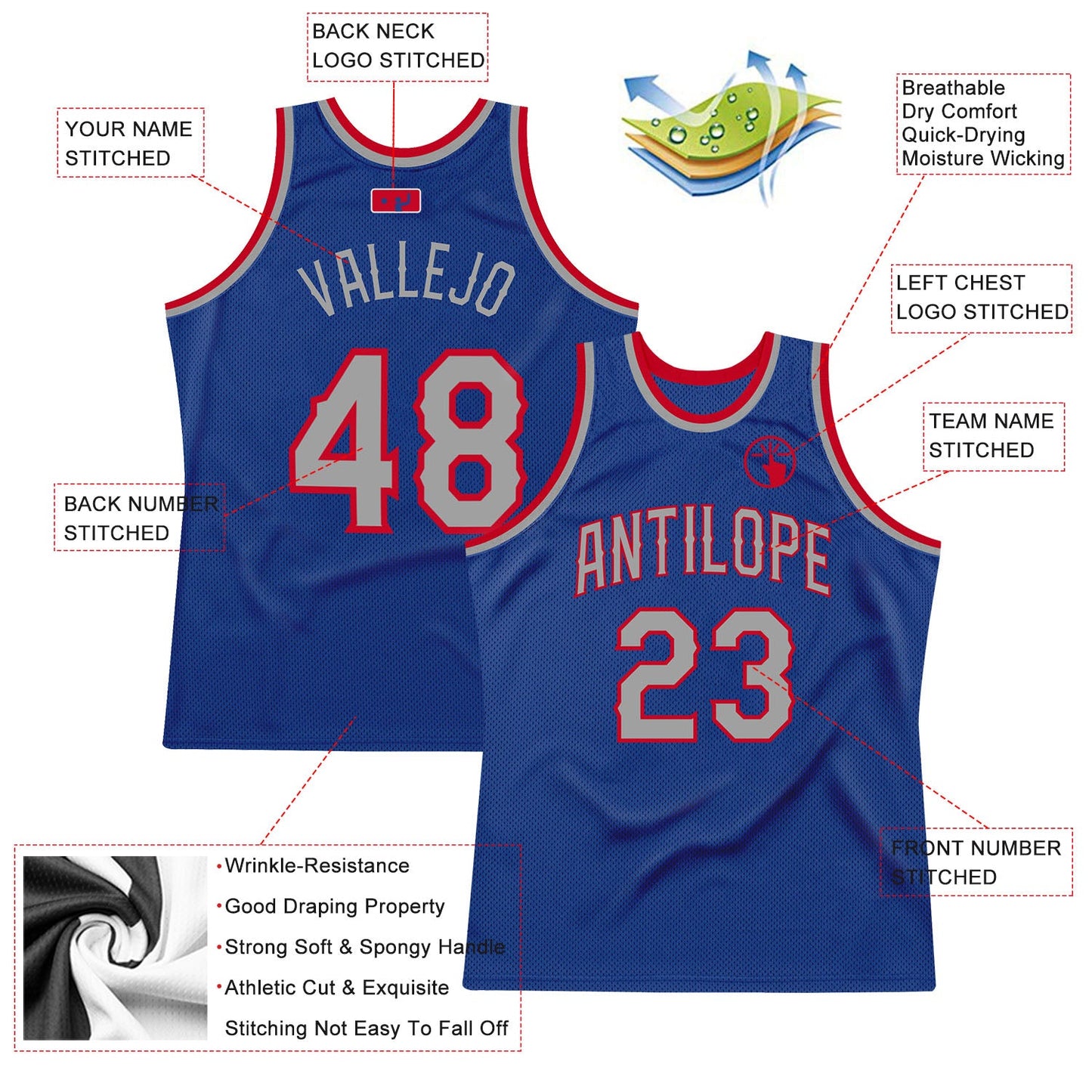 Custom Royal Gray-Red Authentic Throwback Basketball Jersey view 2