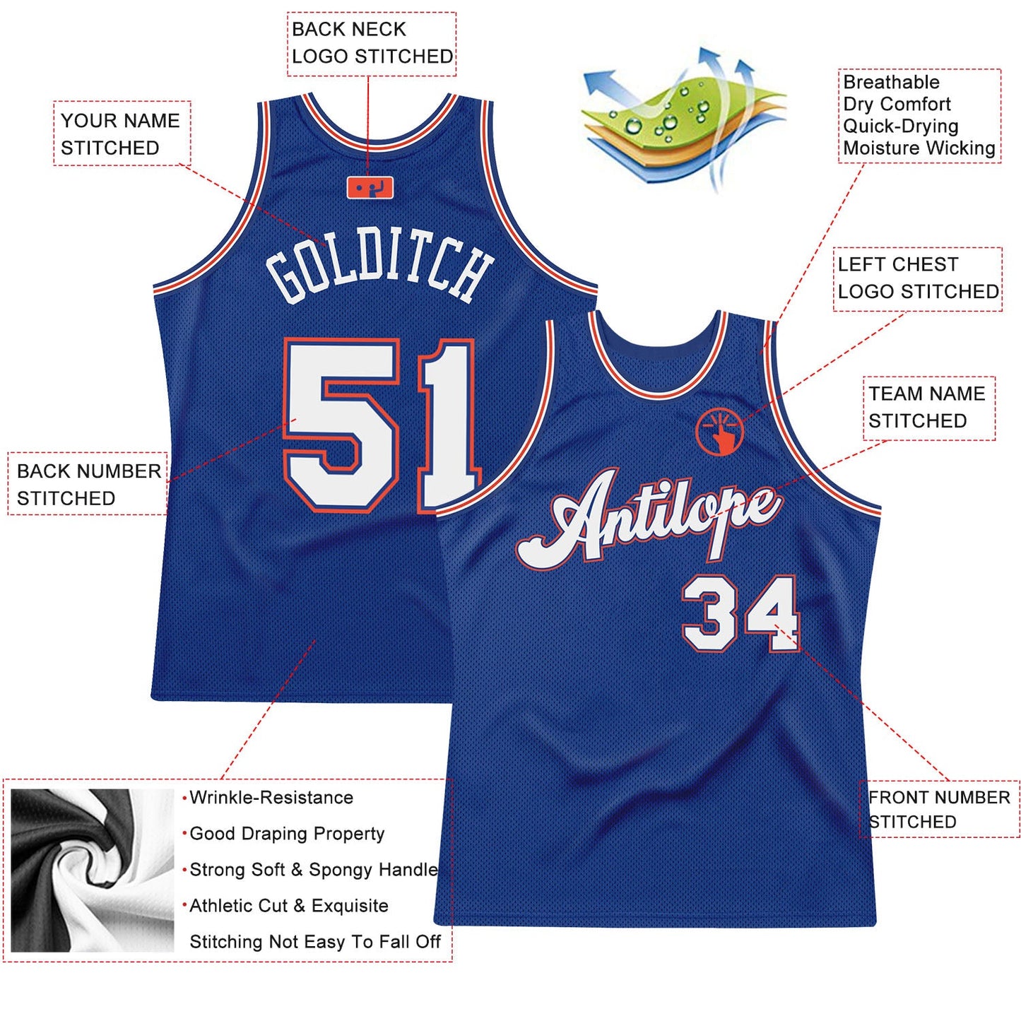 Custom Royal White-Orange Authentic Throwback Basketball Jersey view 2