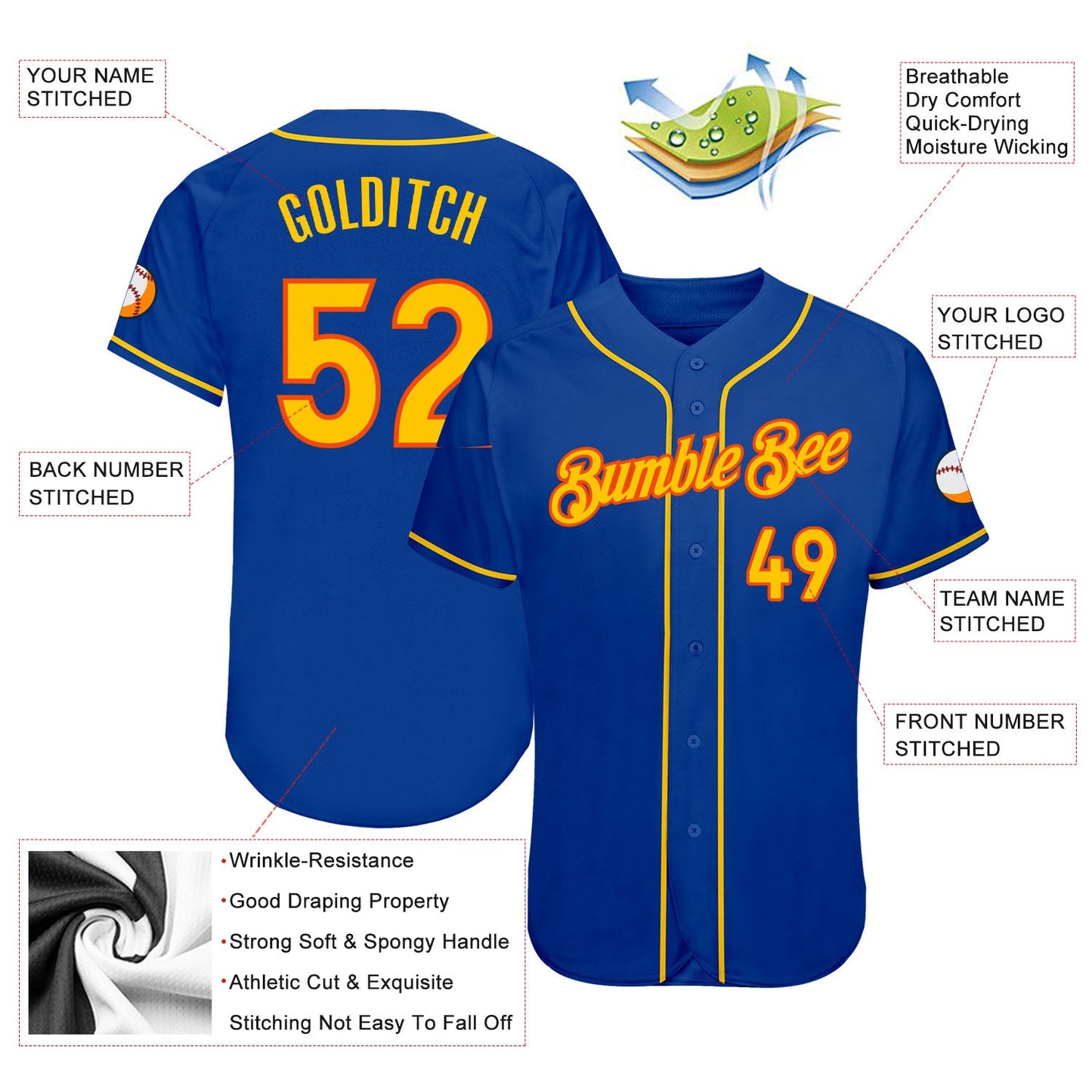 Custom Royal Gold-Orange Authentic Baseball Jersey view 3