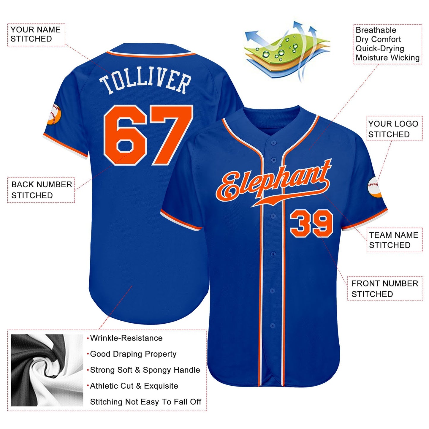 Custom Royal Orange-White Authentic Baseball Jersey view 3