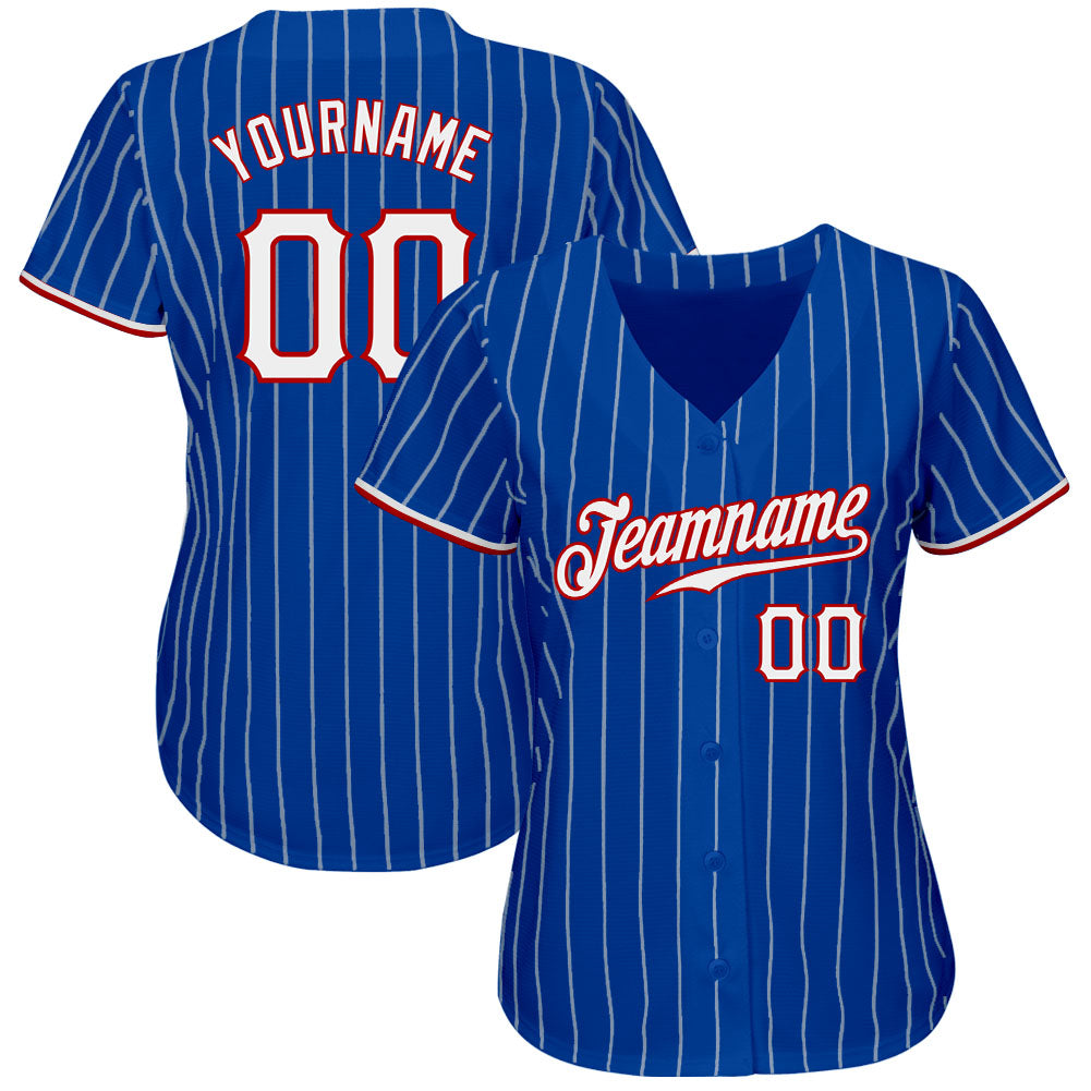 Custom Royal White Pinstripe White-Red Authentic Baseball Jersey view 2
