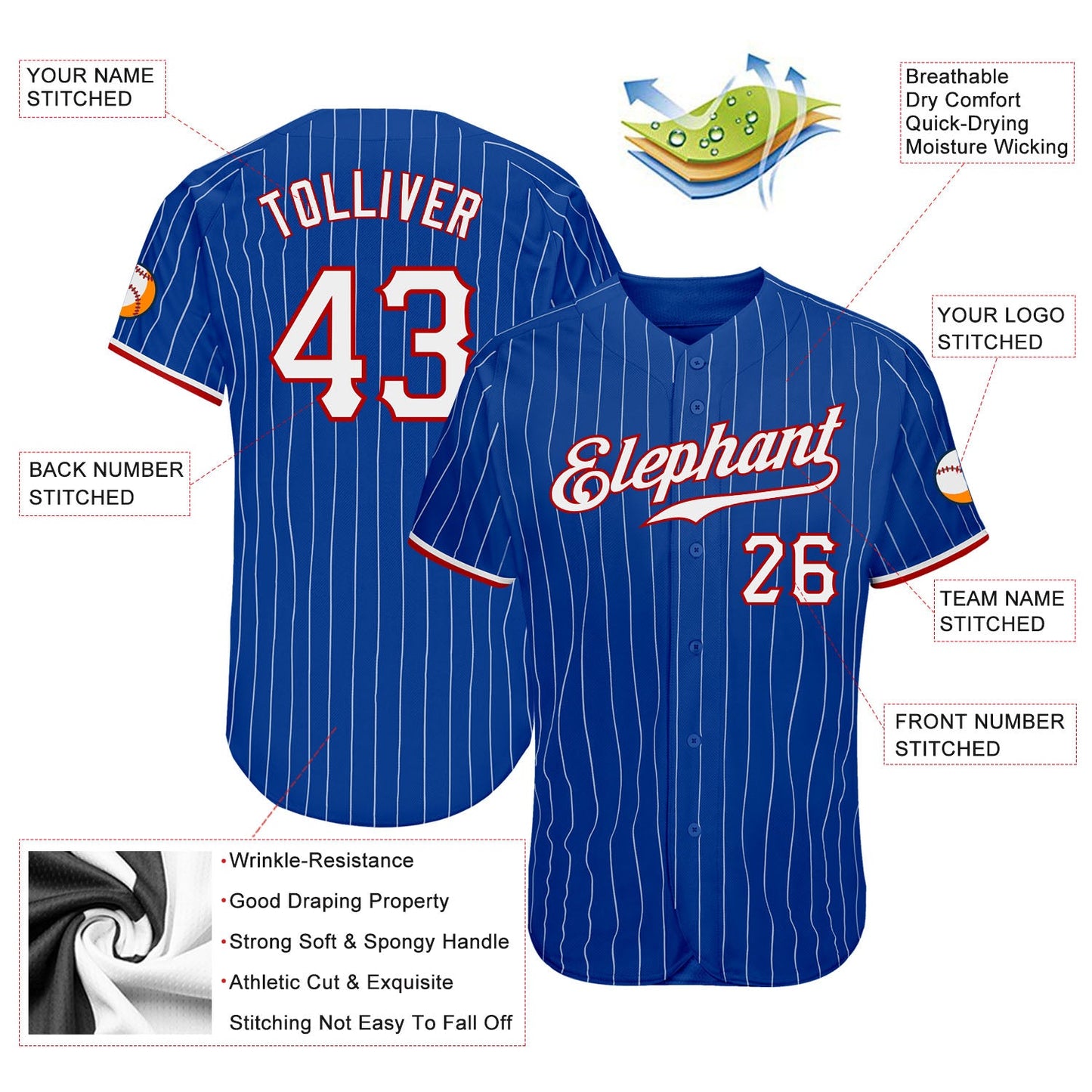 Custom Royal White Pinstripe White-Red Authentic Baseball Jersey view 3