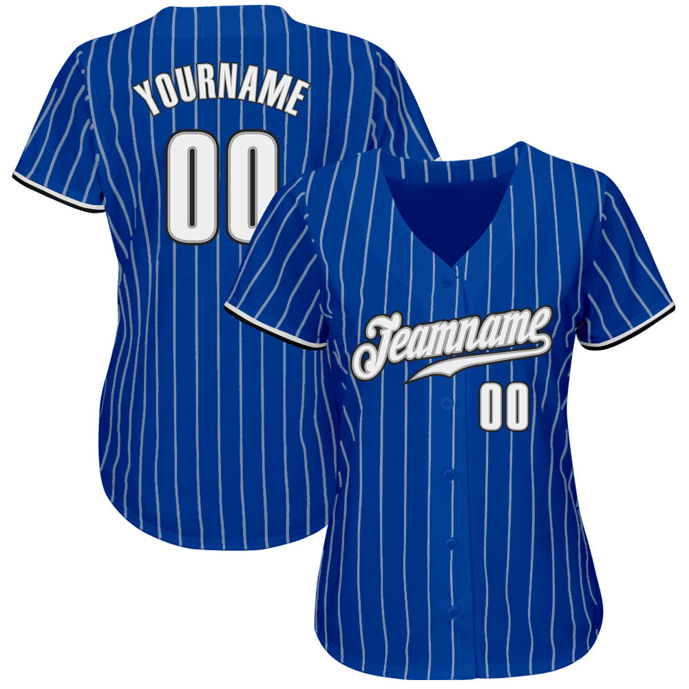 Custom Royal White Pinstripe White-Black Authentic Baseball Jersey view 3