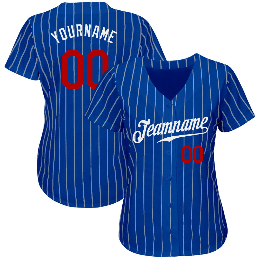 Custom Royal White Pinstripe Red Authentic Baseball Jersey view 2