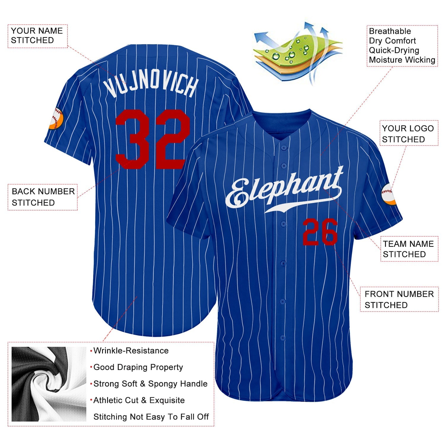 Custom Royal White Pinstripe Red Authentic Baseball Jersey view 3