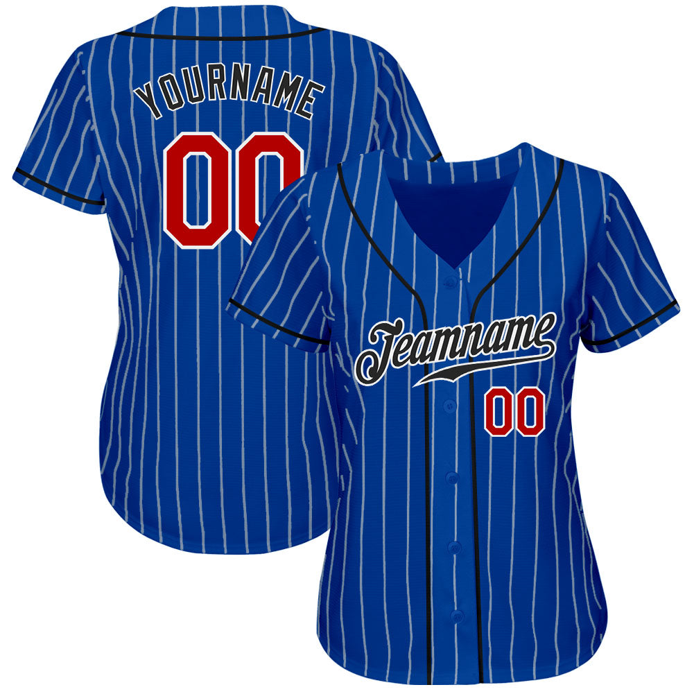 Custom Royal White Pinstripe Red-Black Authentic Baseball Jersey view 2