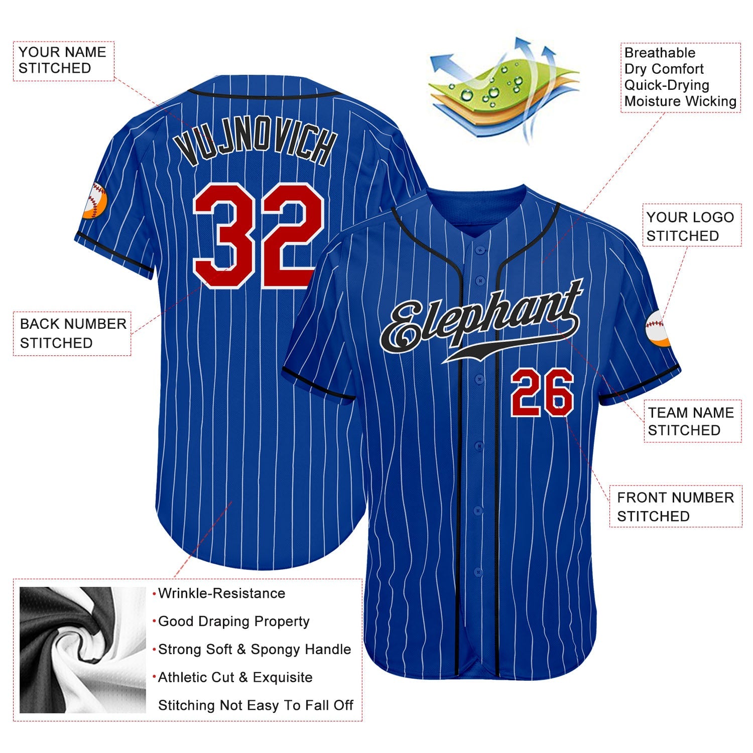 Custom Royal White Pinstripe Red-Black Authentic Baseball Jersey view 3