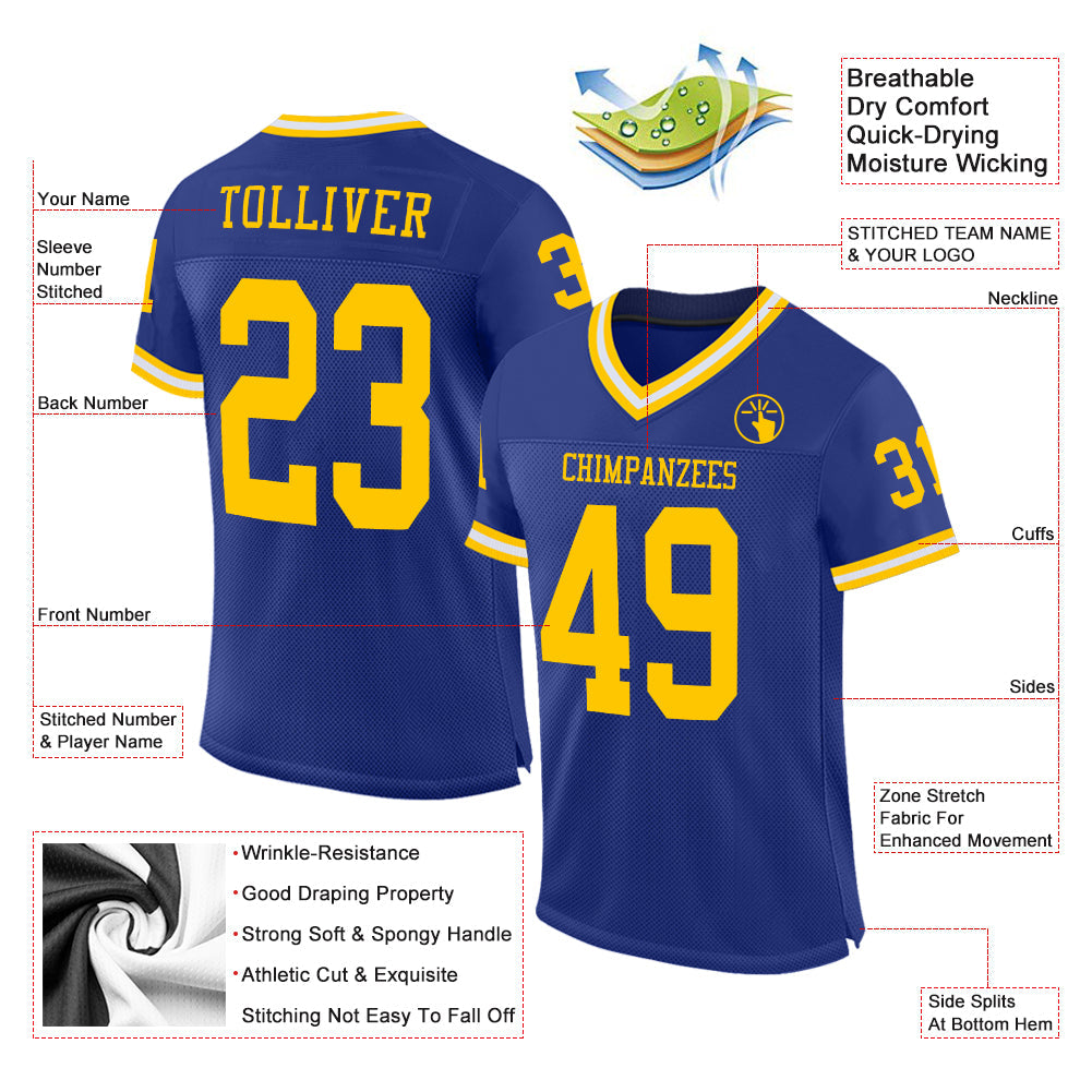 Custom Royal Gold-White Mesh Authentic Throwback Football Jersey view 2