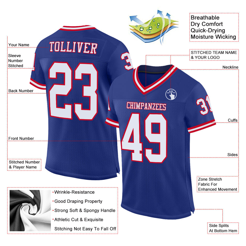 Custom Royal White-Red Mesh Authentic Throwback Football Jersey view 2