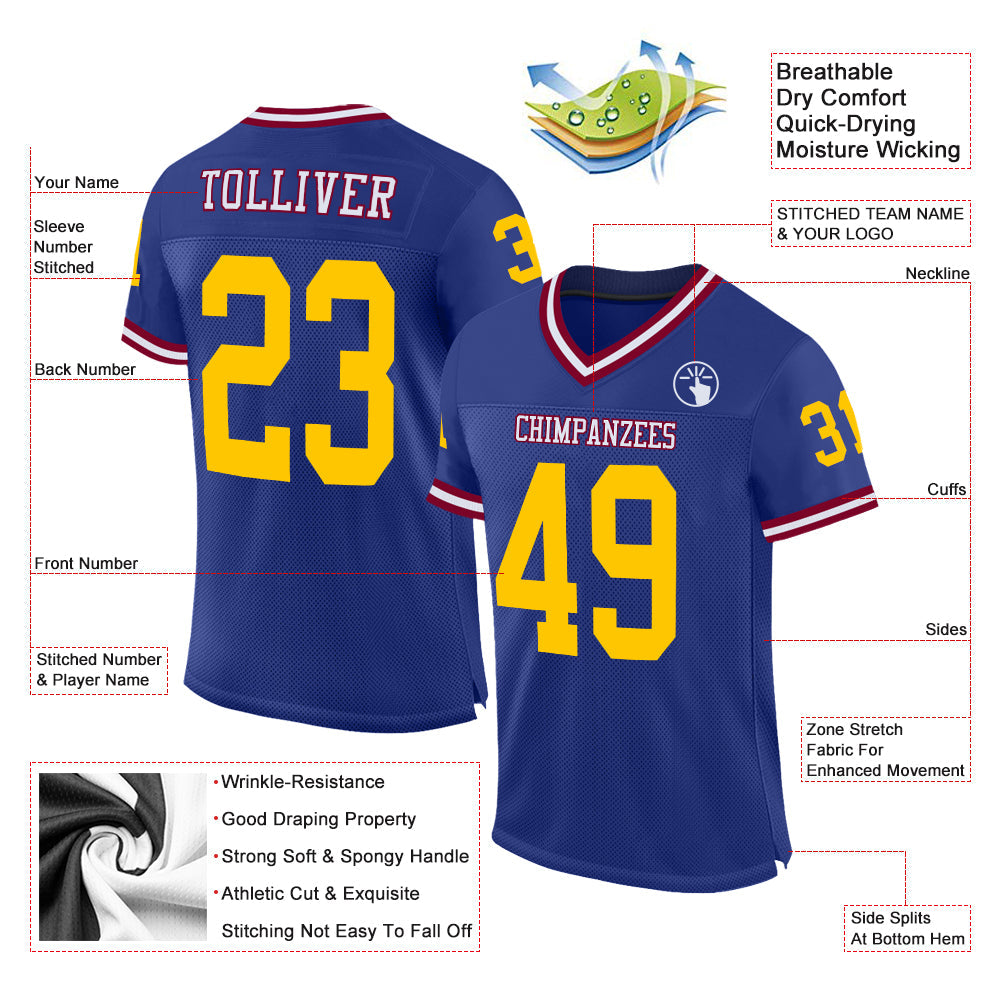 Custom Royal Gold-Maroon Mesh Authentic Throwback Football Jersey view 2