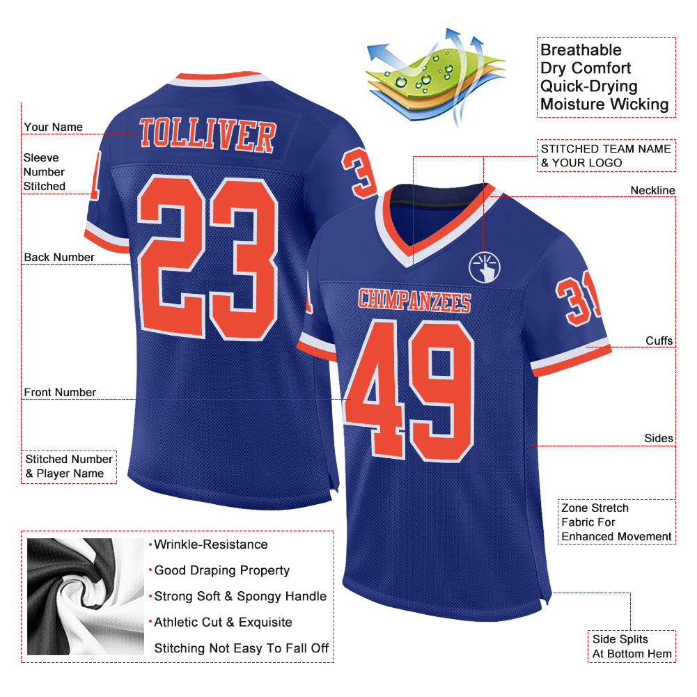 Custom Royal Orange-White Mesh Authentic Throwback Football Jersey view 2