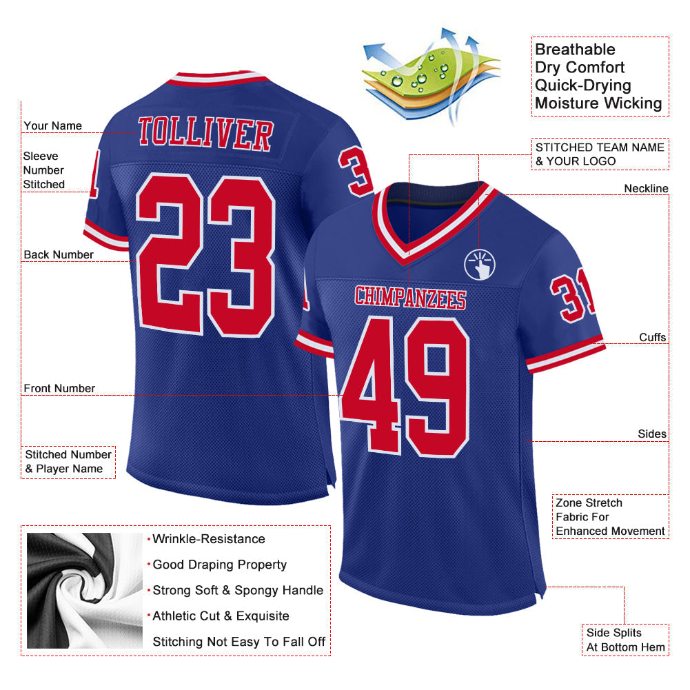 Custom Royal Red-White Mesh Authentic Throwback Football Jersey view 2