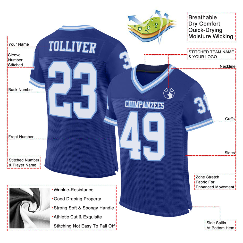 Custom Royal White-Light Blue Mesh Authentic Throwback Football Jersey view 2