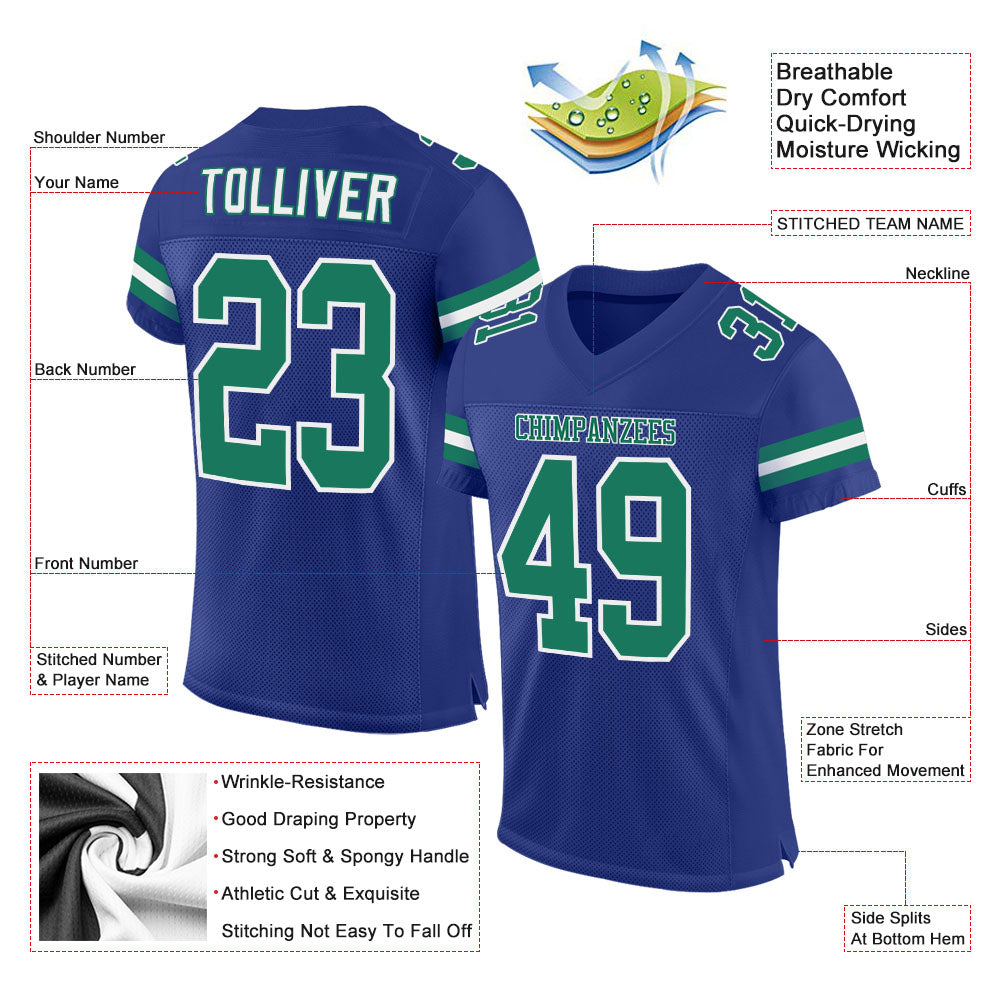Custom Royal Kelly Green-White Mesh Authentic Football Jersey view 2