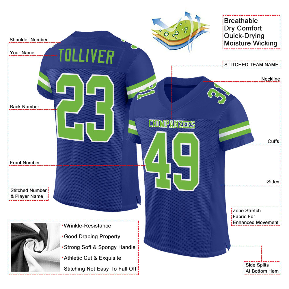 Custom Royal Neon Green-White Mesh Authentic Football Jersey view 2