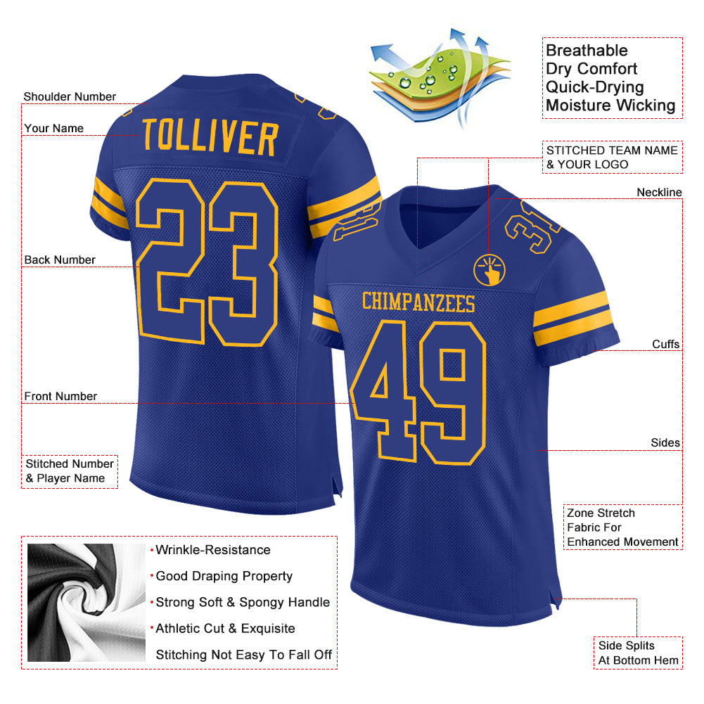Custom Royal Royal-Gold Mesh Authentic Football Jersey view 2
