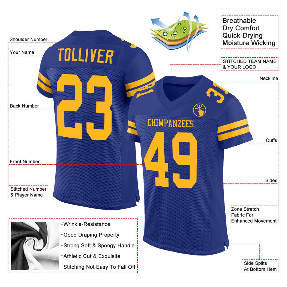 Custom Royal Gold Mesh Authentic Football Jersey view 2