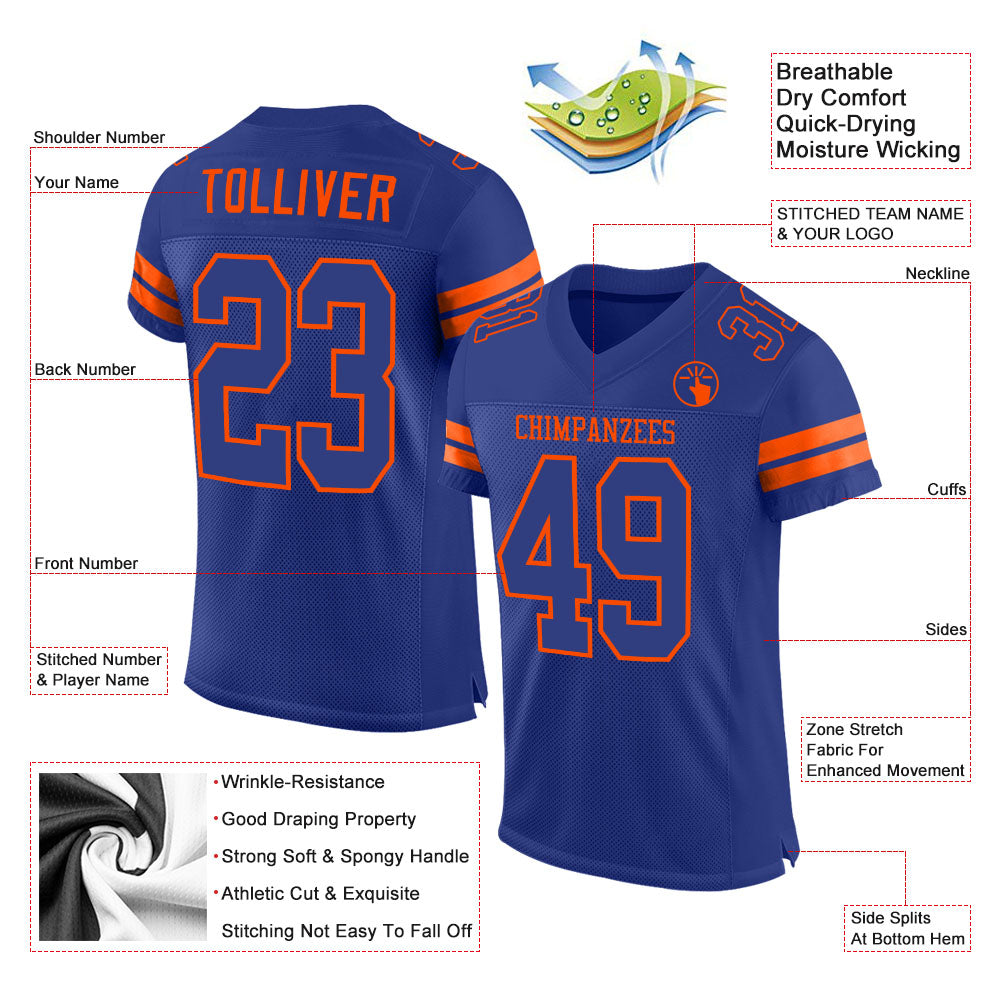 Custom Royal Royal-Orange Mesh Authentic Football Jersey view 2