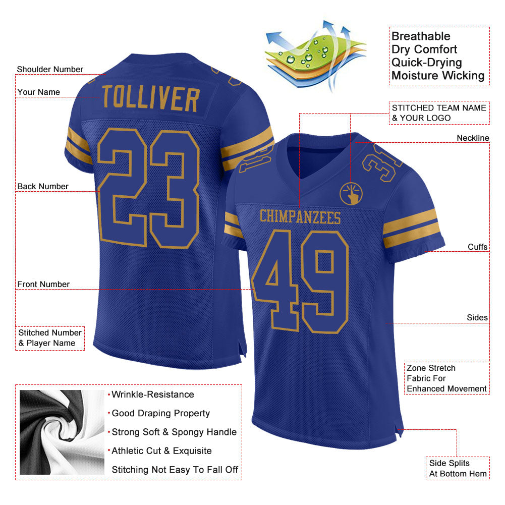 Custom Royal Royal-Old Gold Mesh Authentic Football Jersey view 2