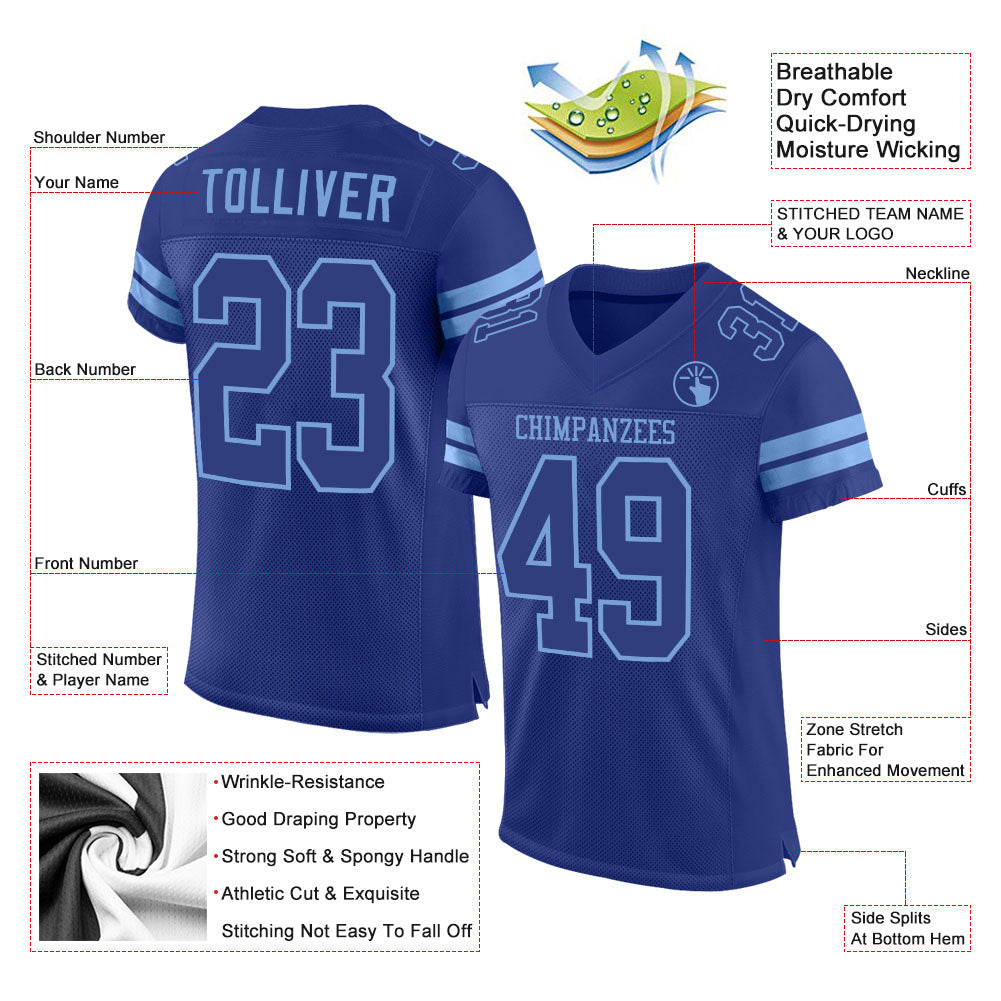 Custom Royal Royal-Light Blue Mesh Authentic Football Jersey view 2