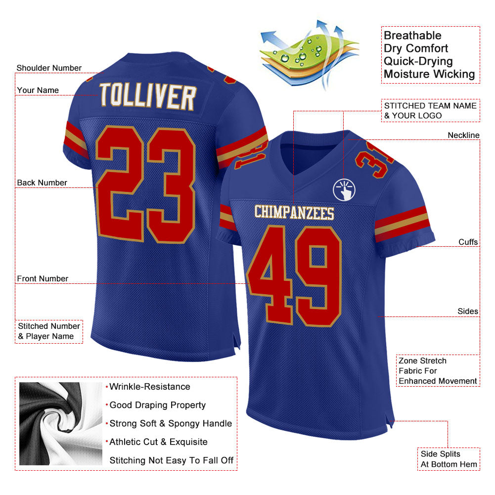 Custom Royal Red-Old Gold Mesh Authentic Football Jersey view 2