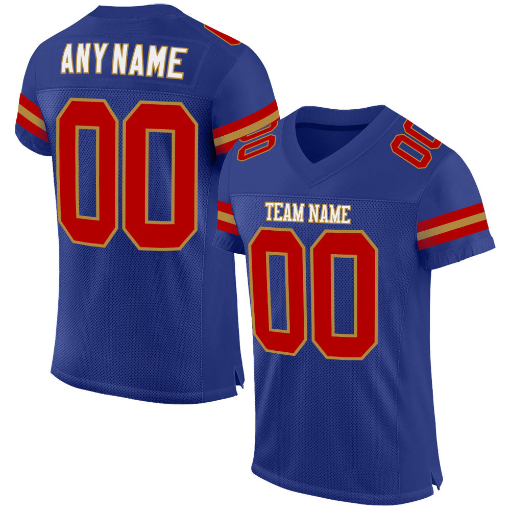 Custom Royal Red-Old Gold Mesh Authentic Football Jersey - Main View