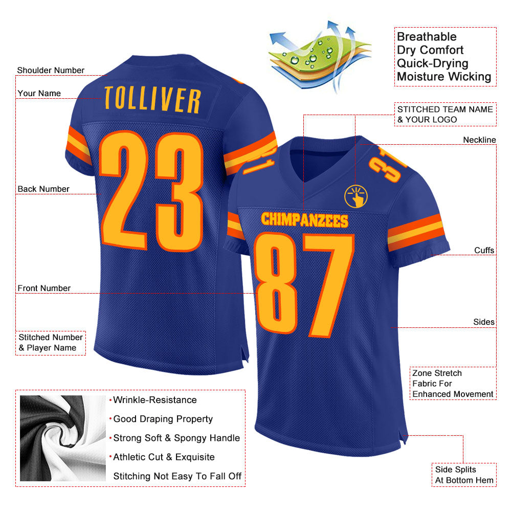 Custom Royal Gold-Orange Mesh Authentic Football Jersey view 2