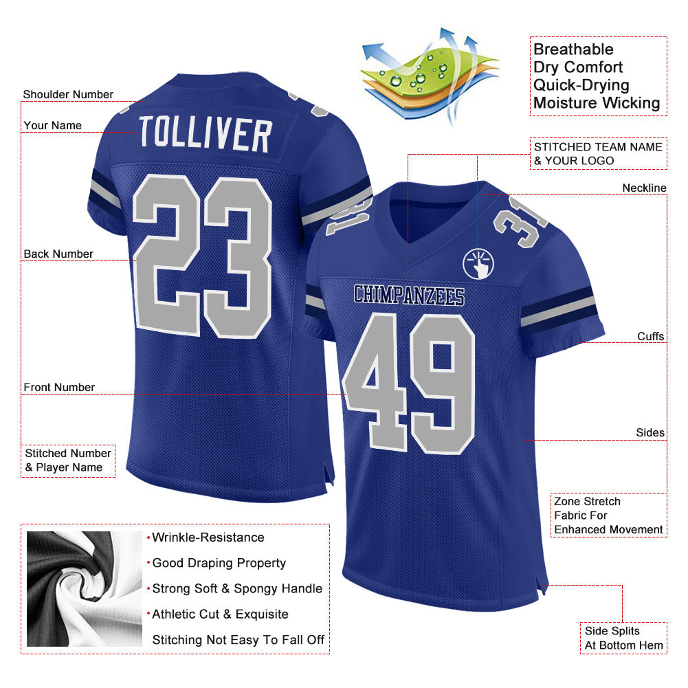 Custom Royal Gray-White Mesh Authentic Football Jersey view 3