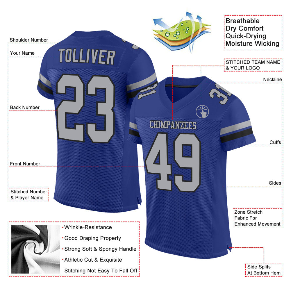 Custom Royal Gray-Black Mesh Authentic Football Jersey view 2