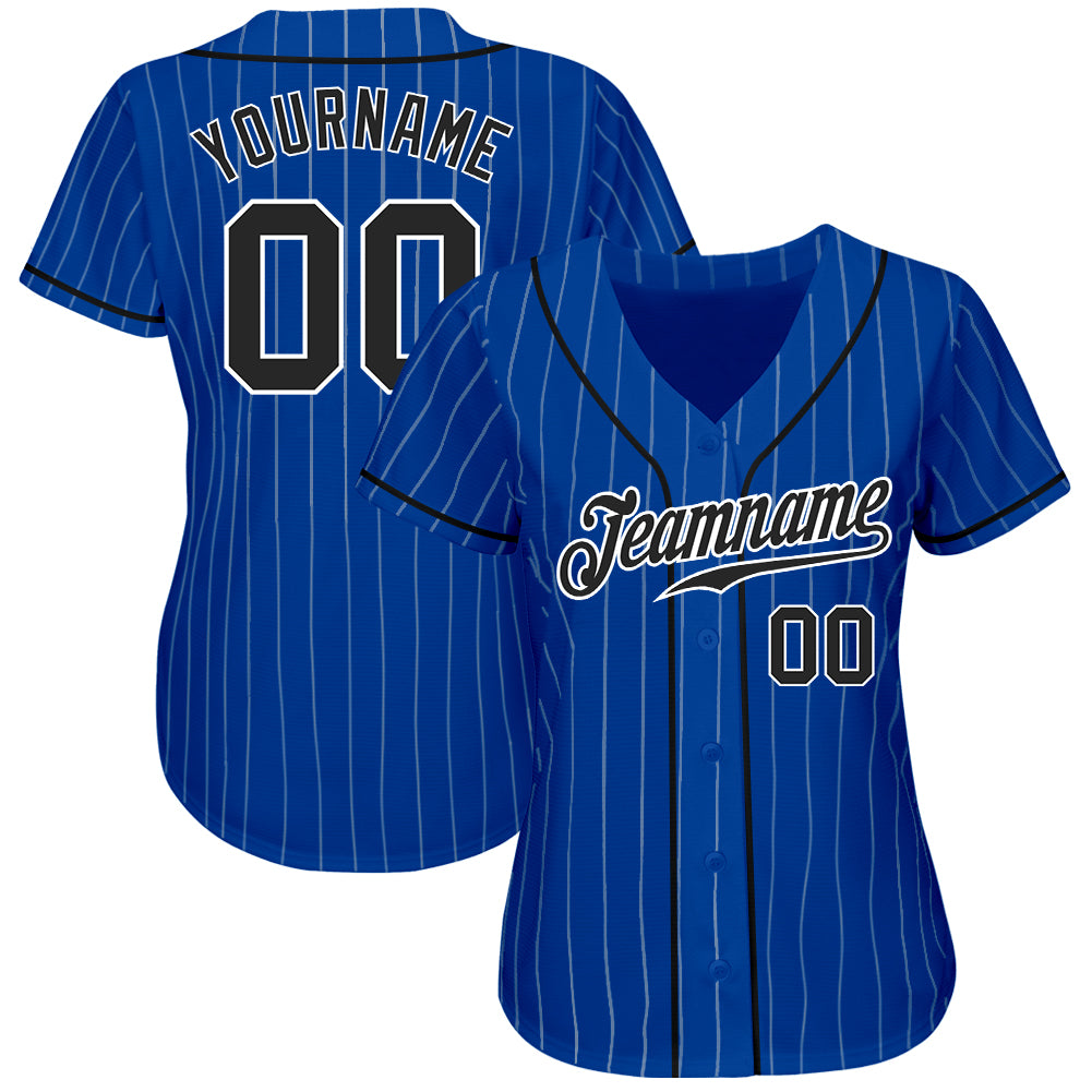 Custom Royal White Pinstripe Black-White Authentic Baseball Jersey view 2
