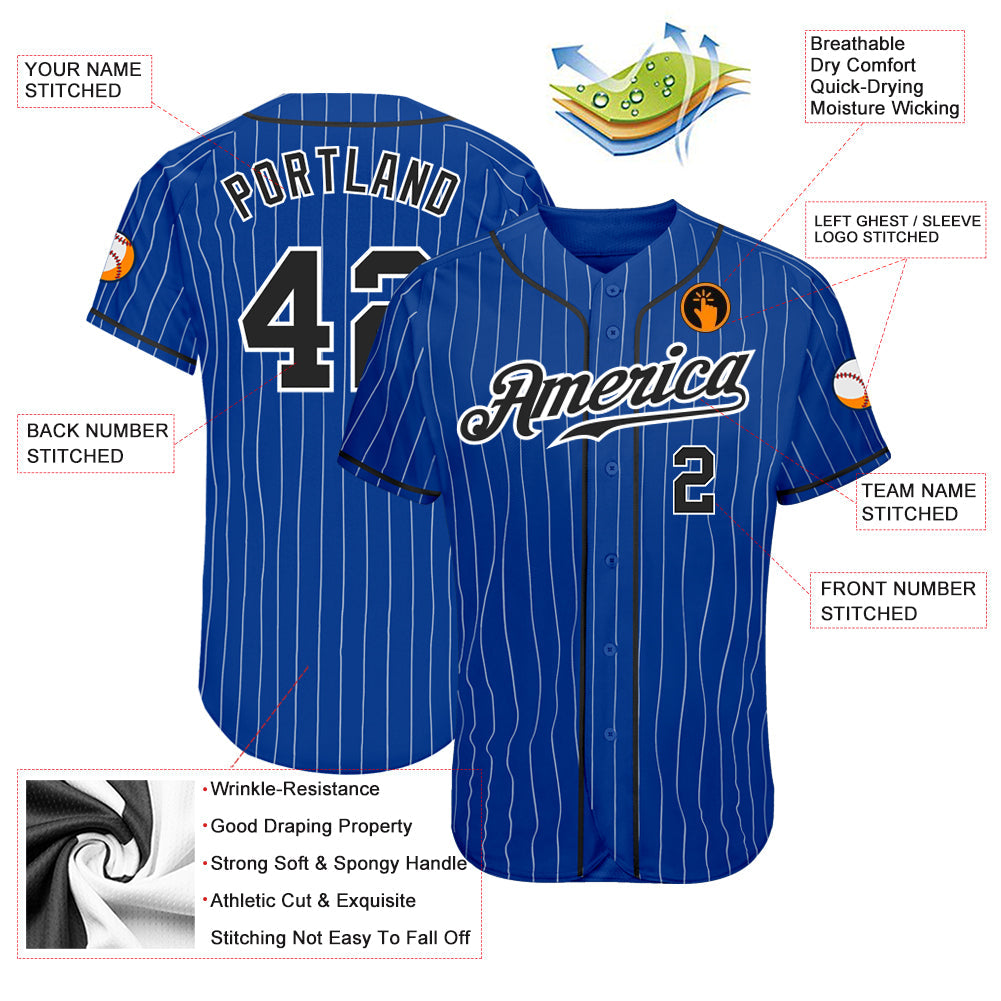 Custom Royal White Pinstripe Black-White Authentic Baseball Jersey view 3
