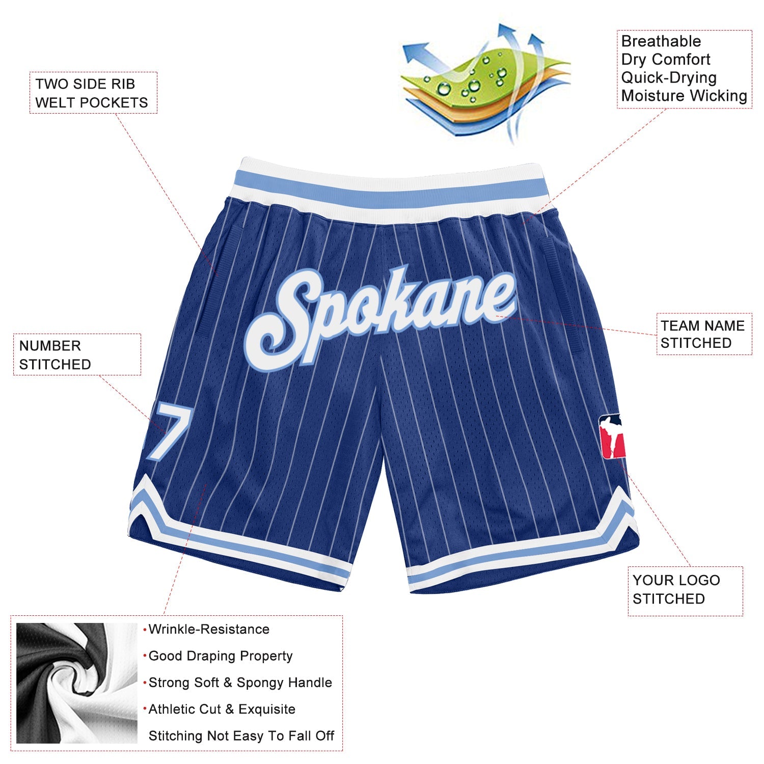 Custom Royal White Pinstripe White-Light Blue Authentic Basketball Shorts view 2
