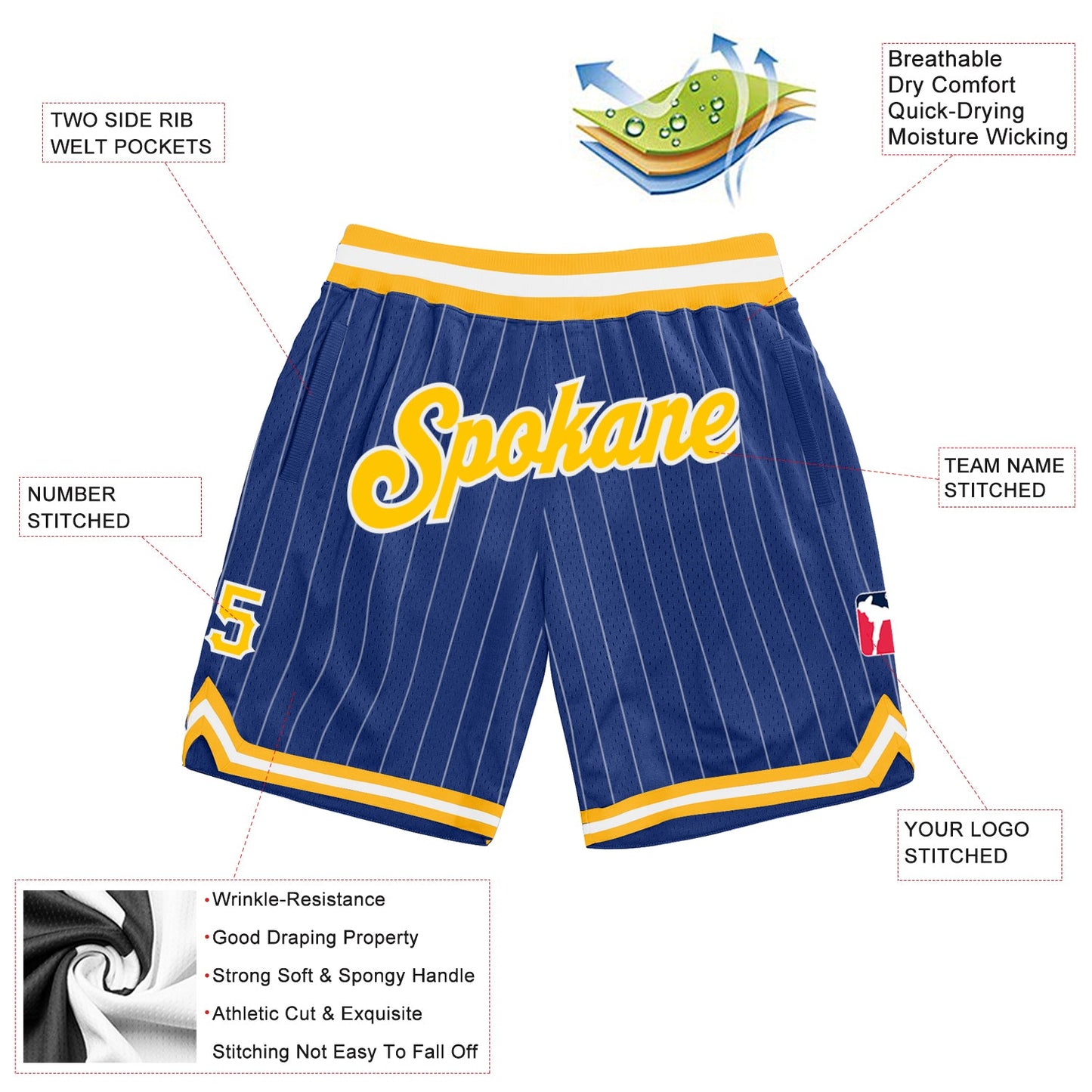 Custom Royal White Pinstripe Gold-White Authentic Basketball Shorts view 2