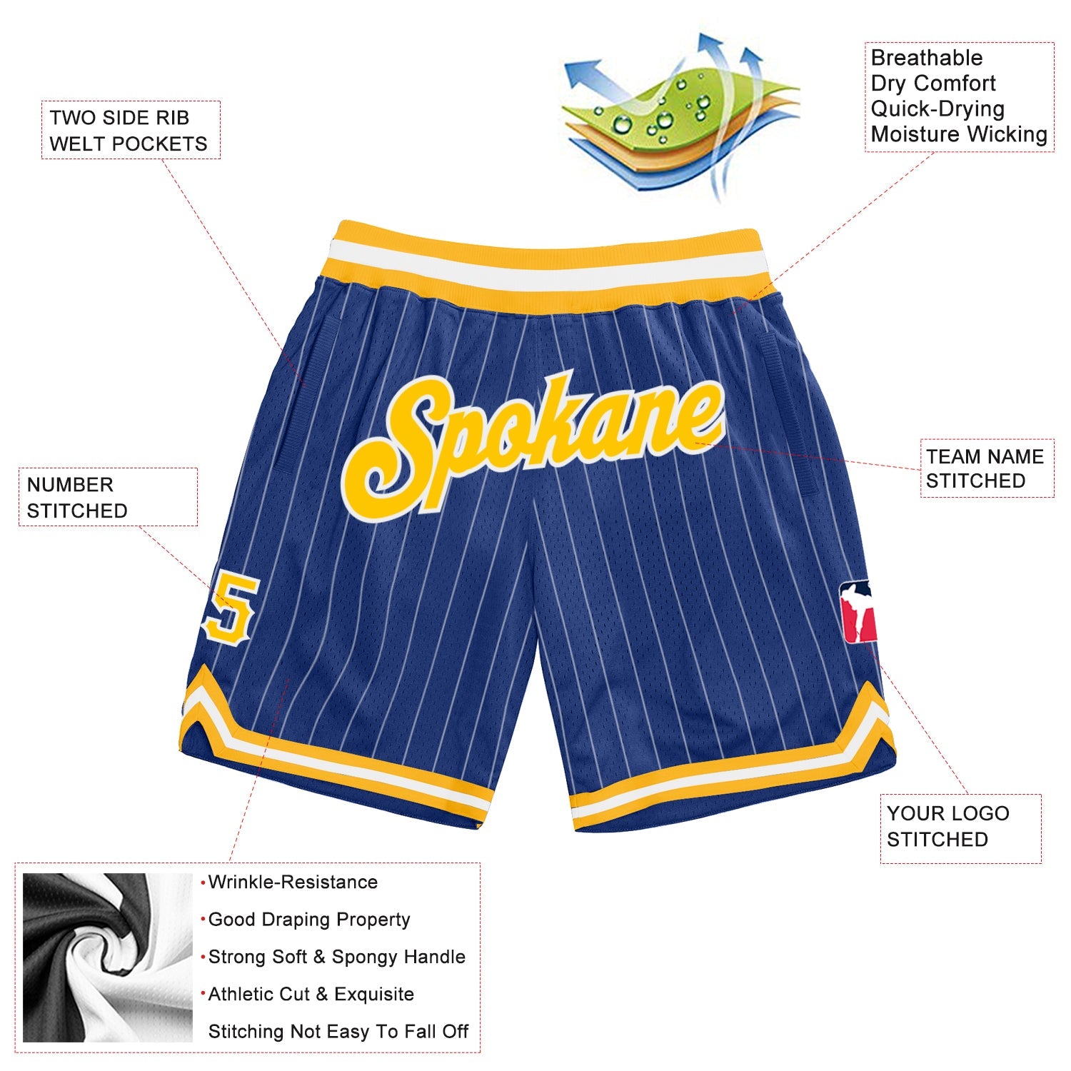 Custom Royal White Pinstripe Gold-White Authentic Basketball Shorts view 2