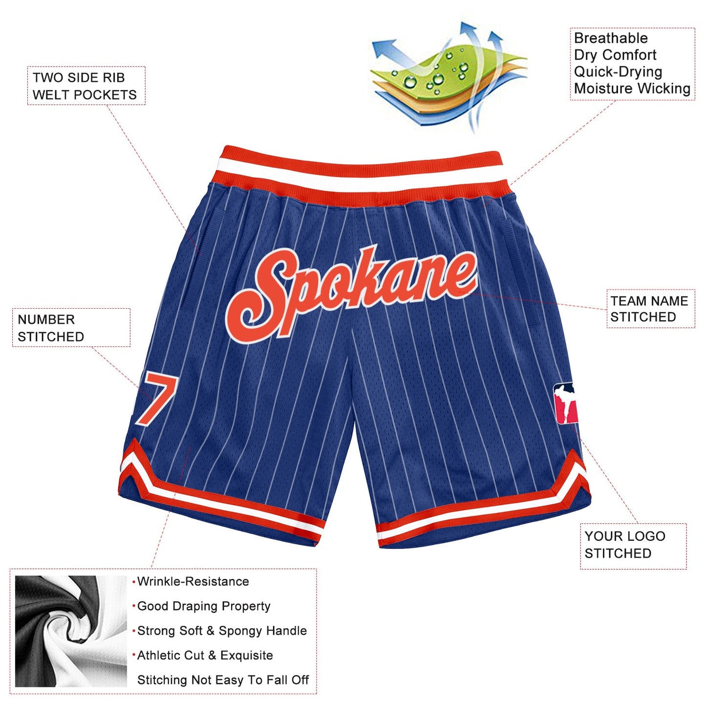 Custom Royal White Pinstripe Orange-White Authentic Basketball Shorts view 2