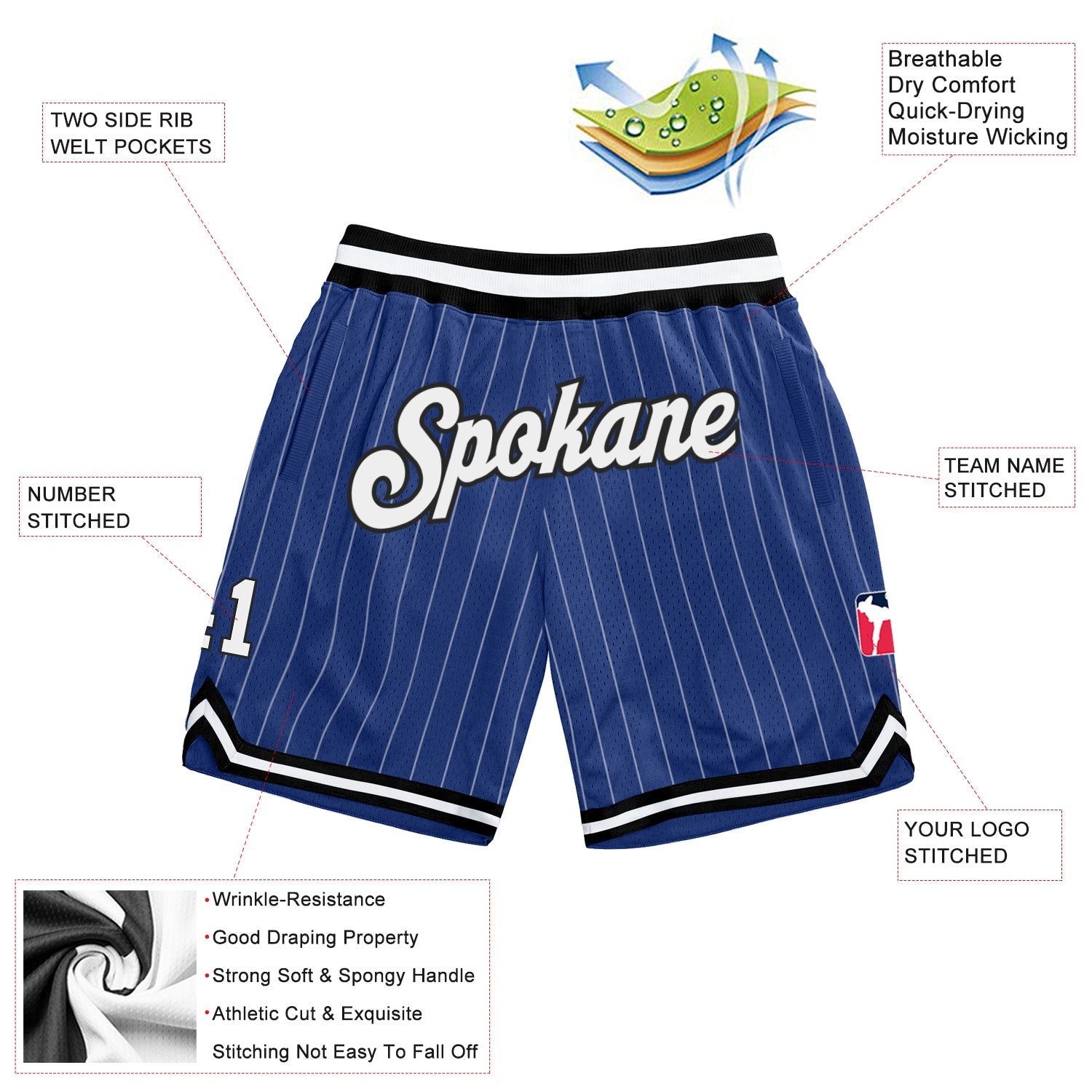 Custom Royal White Pinstripe White-Black Authentic Basketball Shorts view 2