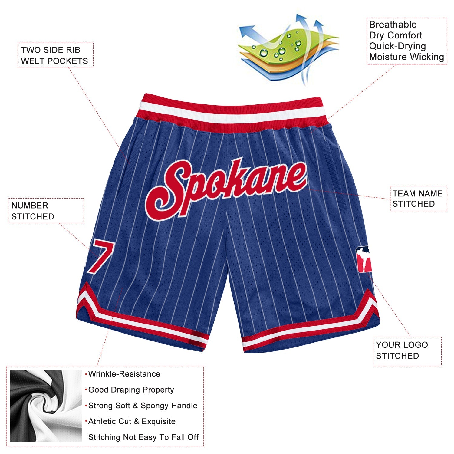 Custom Royal White Pinstripe Red-White Authentic Basketball Shorts view 2