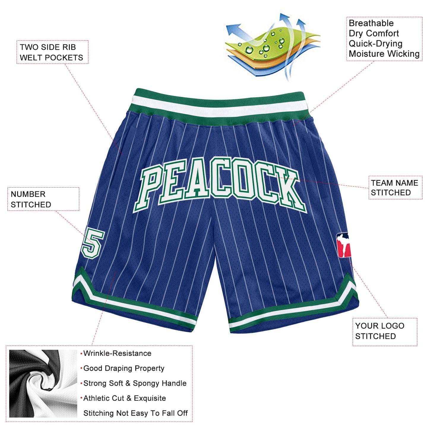 Custom Royal White Pinstripe White-Kelly Green Authentic Basketball Shorts view 2