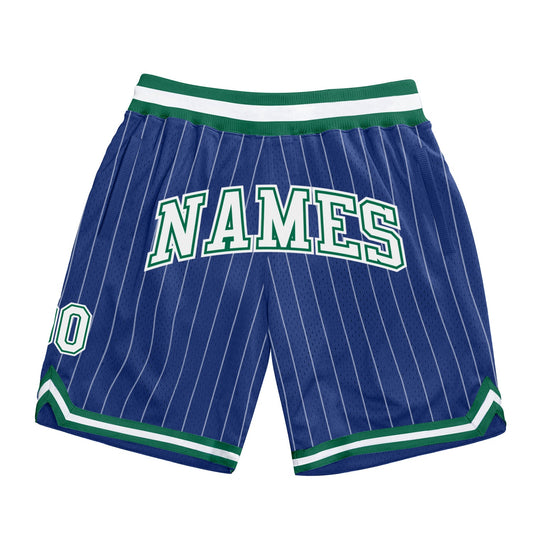 Custom Royal White Pinstripe White-Kelly Green Authentic Basketball Shorts - Main View