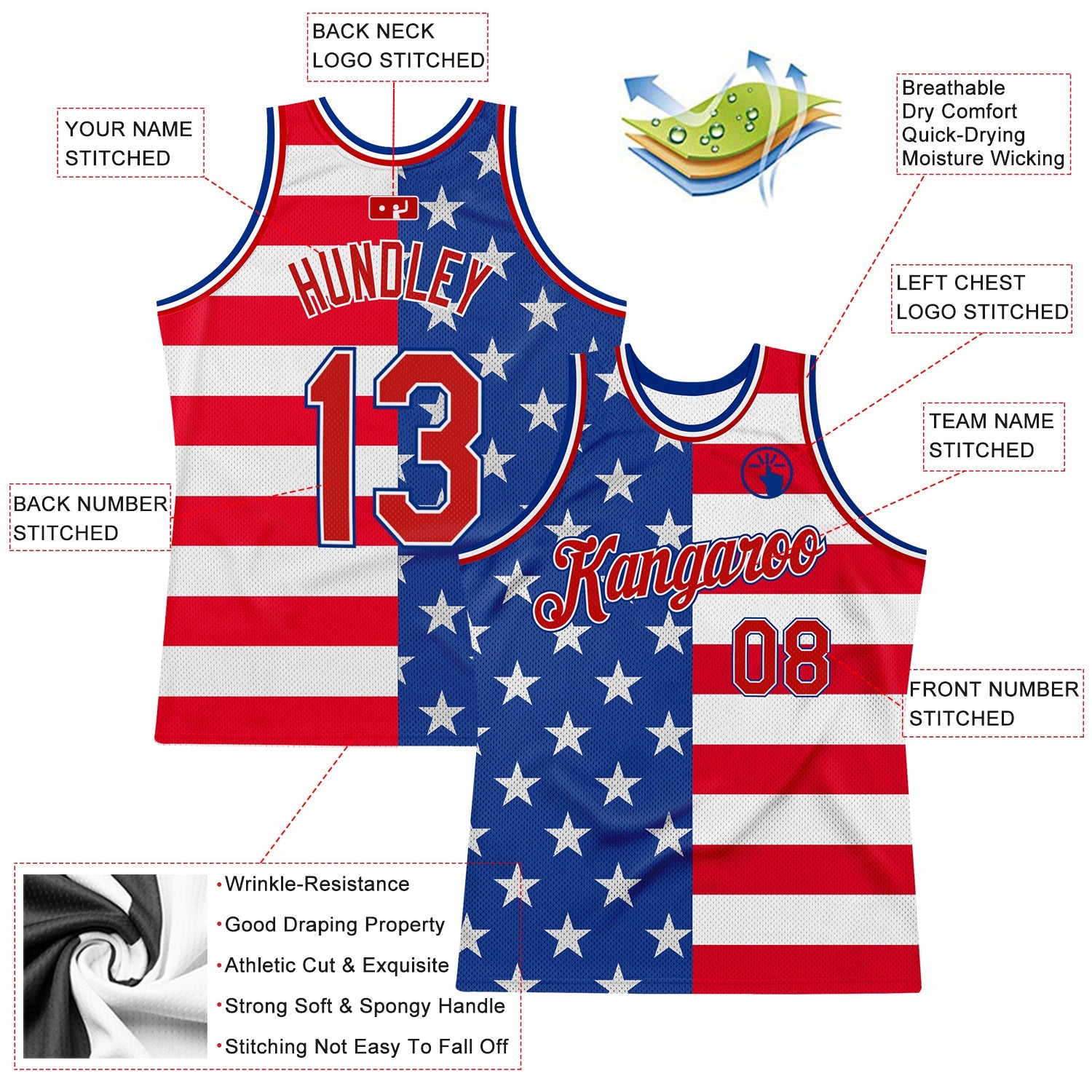 Custom Royal Red-White 3D Pattern Design American Flag Authentic Basketball Jersey view 2